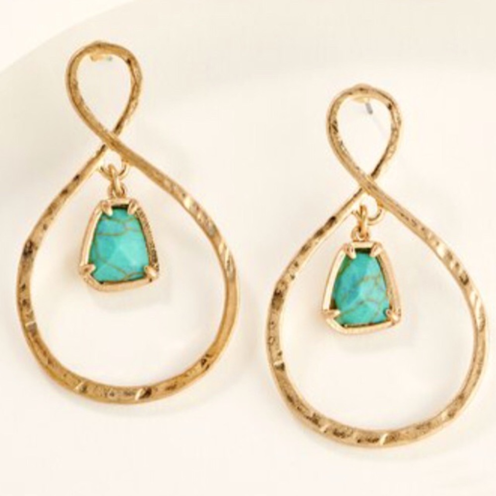 Susan Graver Turquoise & Goldtone Hammered Infinity Hoop Drop Earrings